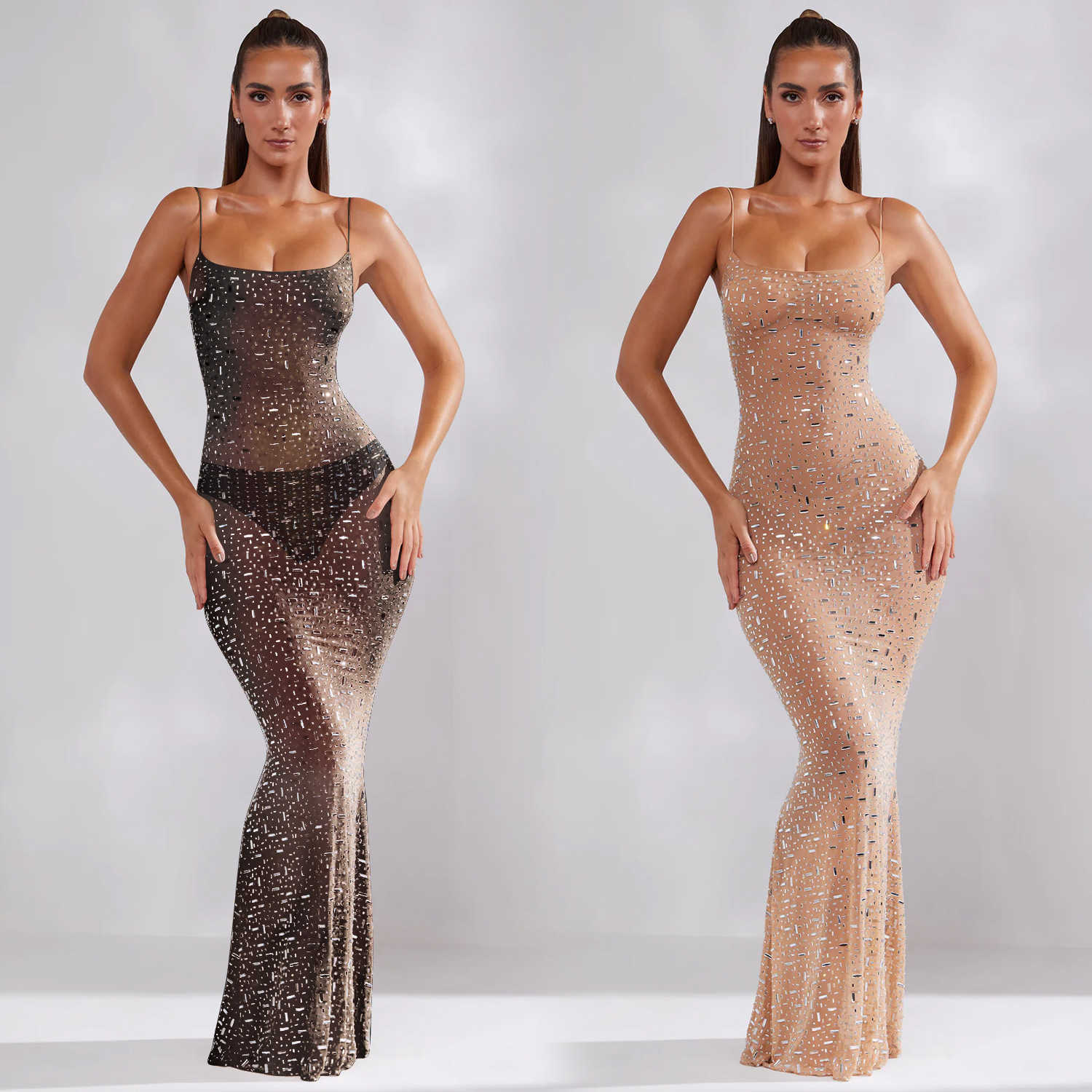 Fashion Women's Solid Color Mesh Hot Diamond Strap Long Dress 250315