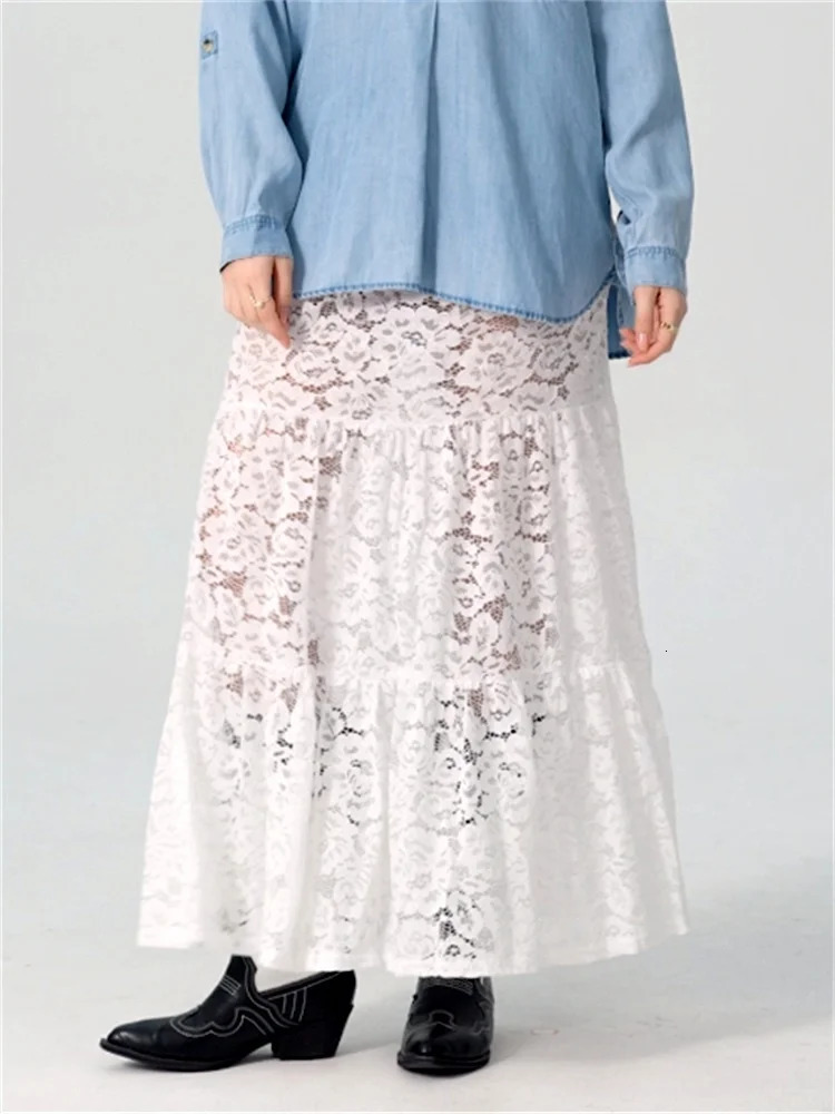 Women Lace Skirt Casual See-Through Lace Elastic A-Line Skirt for Beach Vacation Club Streetwear Aesthetic Clothes Summer 250320