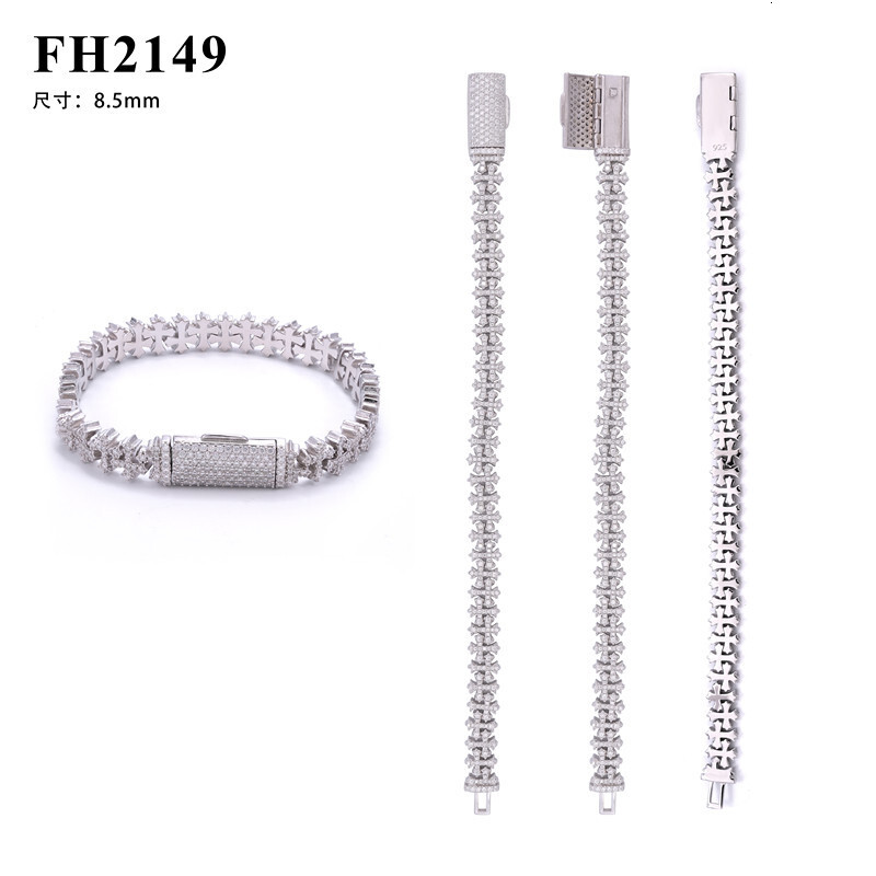 Straight S925 silver moissanite 8.5mm cross hip-hop Cuban bracelet suitable for men and women