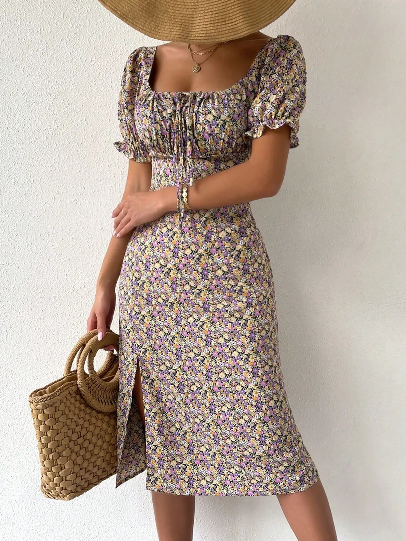 Elegant and fashionable womens clothing ordinary collar short sleeved full body printed pleated and sexy womens clothing 250317