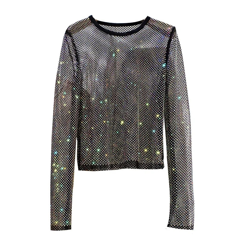 Womens See-through Hollow Shiny Bottoming Spring and Summer Temperament Bright Diamond Net Shirt Round Neck Long-sleeved Tops 250320