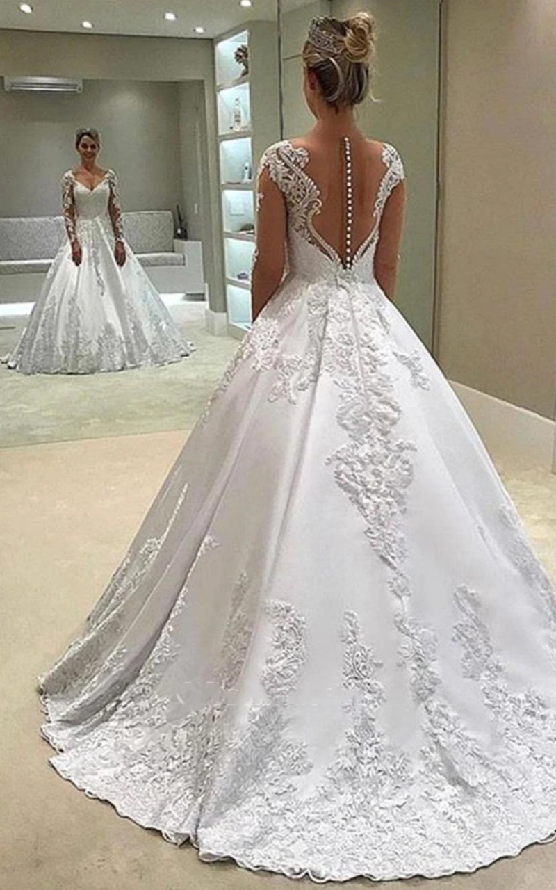 Elegant Satin A-Line Wedding Dresses Long Sleeves Lace Appliques V-neck Illusion Back Buttons Classic Bridal Gowns Sweep Train 2025