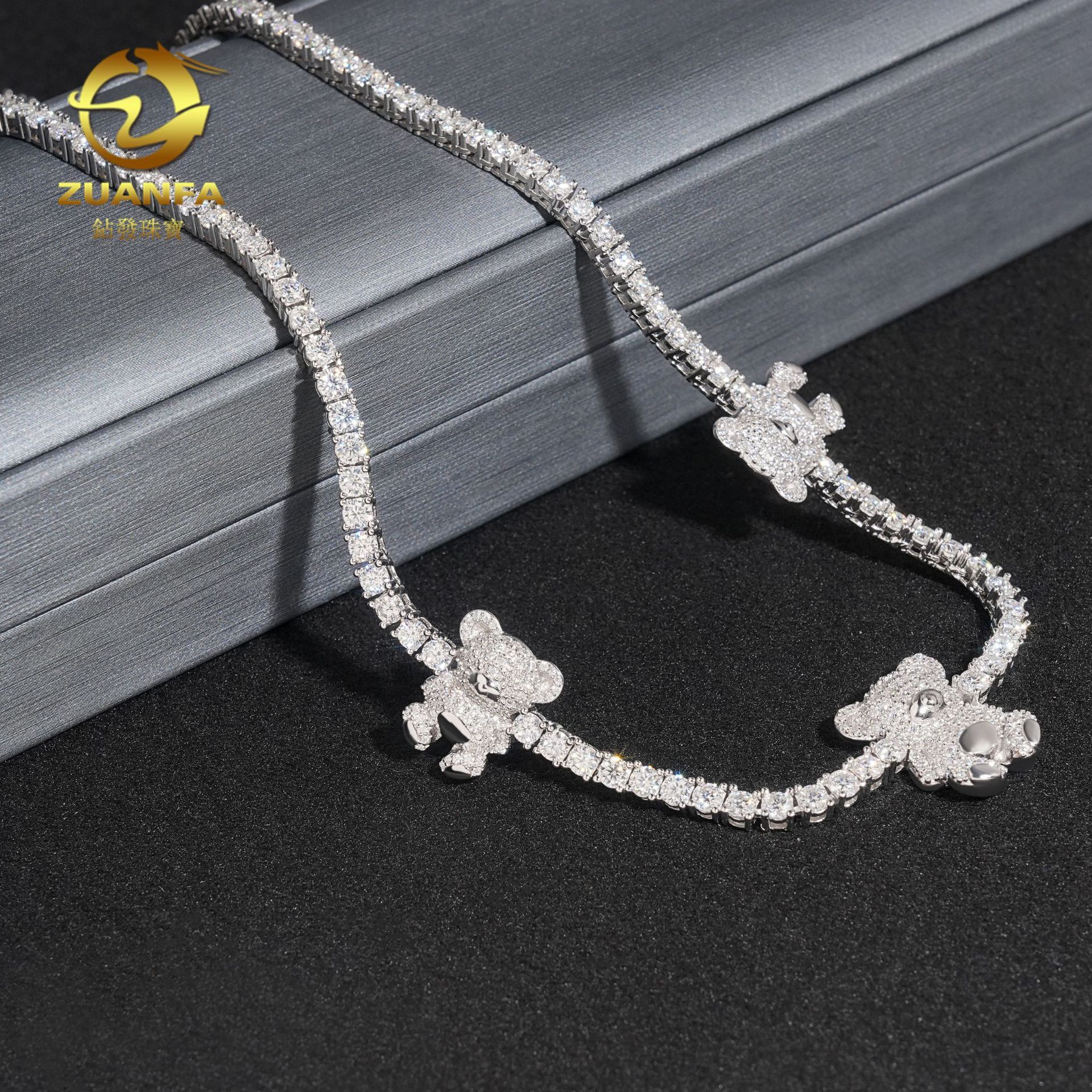 Diamond Hair New 925 Silver Moissanite Tennis Chain Main Stone 3mm Bear Hip Hop Necklace HipHop