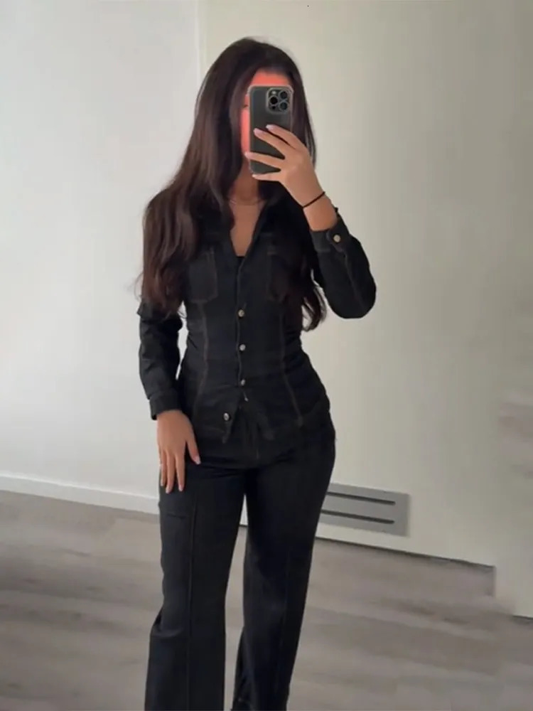 Women Fashion Denim Solid Top High Waist Pants Suits Casual Single Breasted Lapel Neck Shirts Pant Set Spring Lady Street Wear 250320