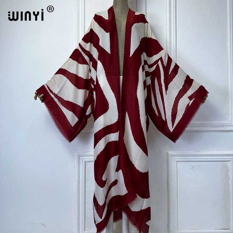 WINYI Kimono Zebra Print Cardigan Abaya Dubai Elegant Beach Outfits Long Coat Women Sexy Cotton Feeg Dress Kaftan
