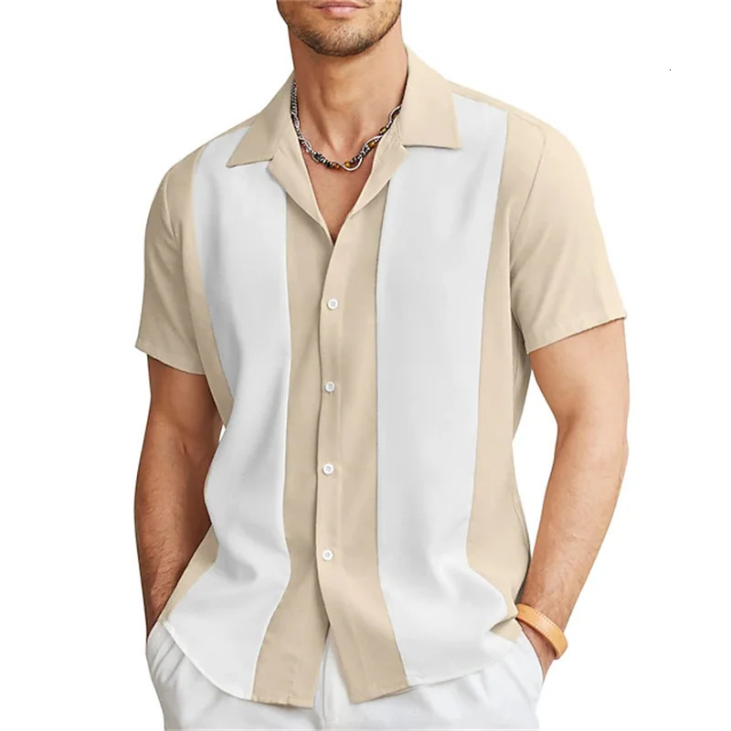 mens shirts Bowling shirts Button shirts Summer casual red short-sleeved color matching lapels Street clothing fashion 250317