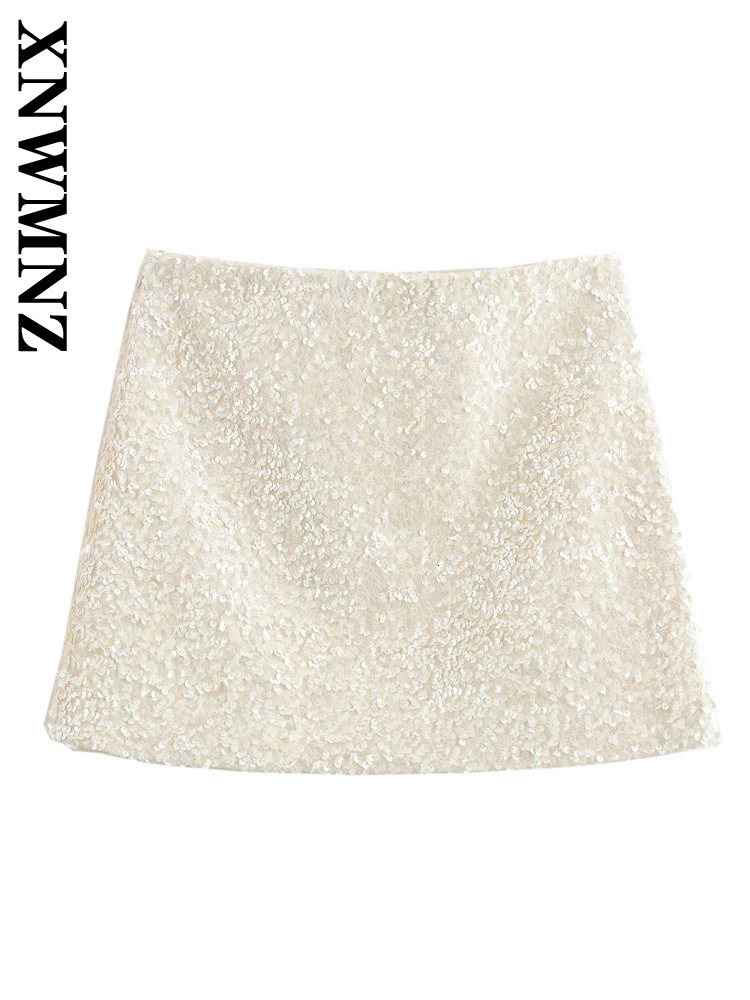 XNWMNZ Autumn Lady Casual Bottoms High Waist Evening Party Womans Side Zipper Mini Skirt Ruffles Regular Fit Sequins 250320