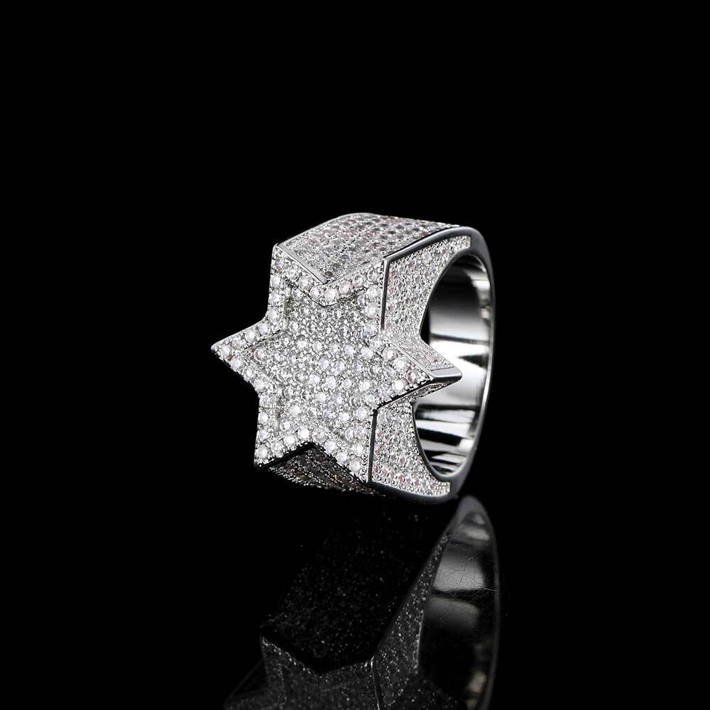 Hip Hop All Ice Ring Jewelry Womens Hexagonal Star Shaped Brass Cubic Zirconia Micro Paved CZ Stone Mens Ring