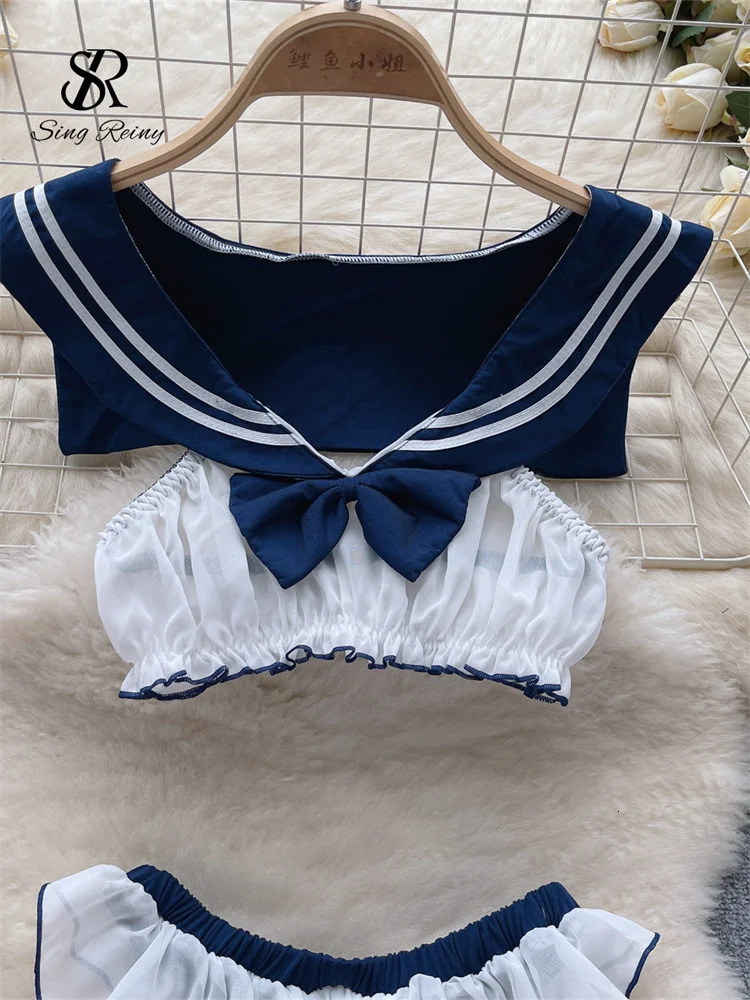 SINGREINY Bow Sheer Japan Style Erotic Suits Lingerie Women Navy Collar Sleeveless TopsChiffon Briefs Sweet Sexy Underwear Sets 250320