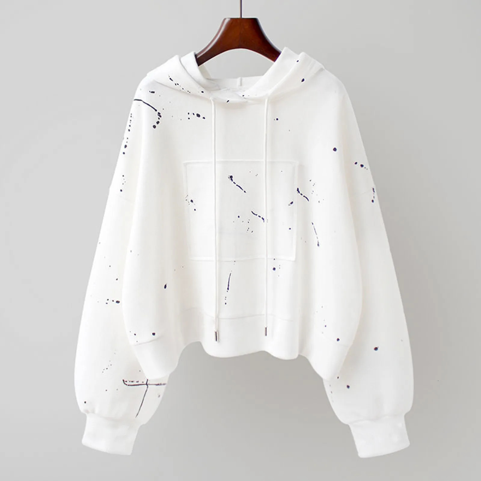 Splash-Ink Print Women Hoodies Kpop White Sweatshirt Autumn Streetwear Long Sleeve Loose Hoodie Sudaderas De Mujeres 250320