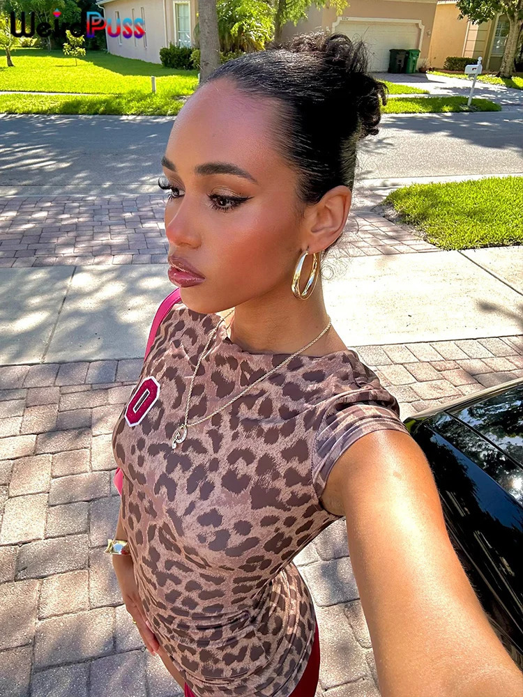 Weird Puss Leopard Print Women 2 Piece Set Tracksuit Sexy Shorts Sleeve Crop TopsShorts Stretch Matching Clubwear Slim Outfits 250320