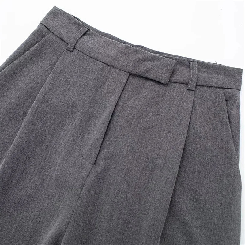 TRAF 2024 Womens Pants Beige Grey Black Wide Leg High Waist Pocket Fashion Summer Office 250320