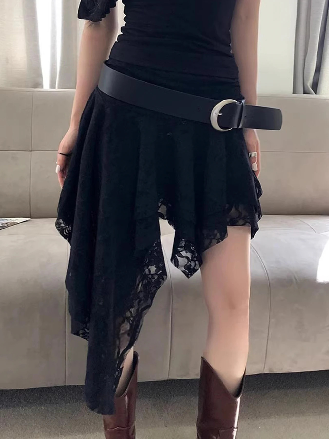Rockmore Asymmetrical Lace Skirt Women Goth Street Ruffle Hem Mini Skirt Korean Harajuku Tiered Layer Pleated Skirts 90s Grunge 250320