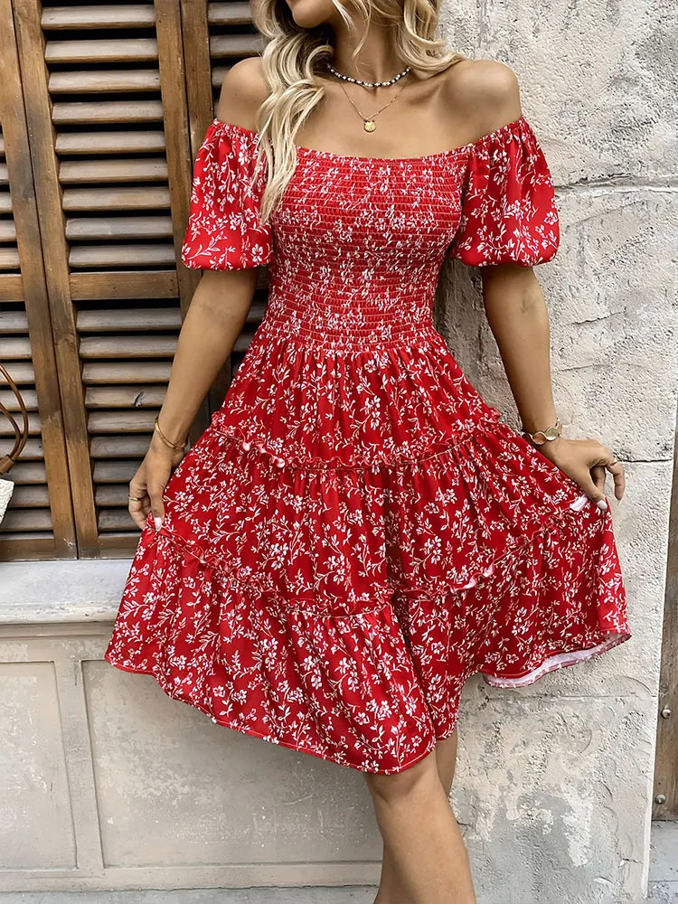 Spring womens mini dress streetwear fashion short sleeved printed casual slim fit red sexy backless elegant 250320