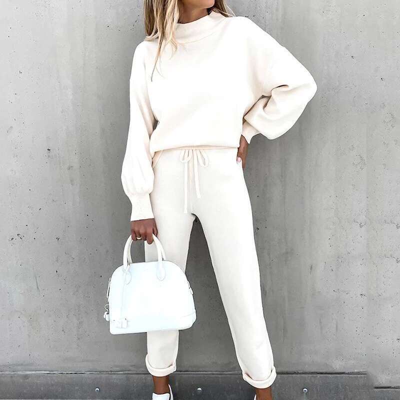 Mia Muse Women's Winter Daily Basic Solid Color Long Sleeve Stand Collar Drawstring Natural Waist Ankle Casual Sets