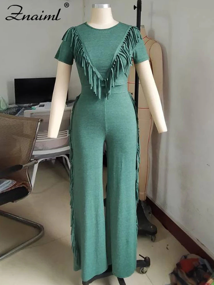 Znaiml Side Fringe Tassel Outfits for Women Wide Leg Flared Pants and Tank Crop Tops Short Sleeve Two 2 Piece Sets Streetwear 250320