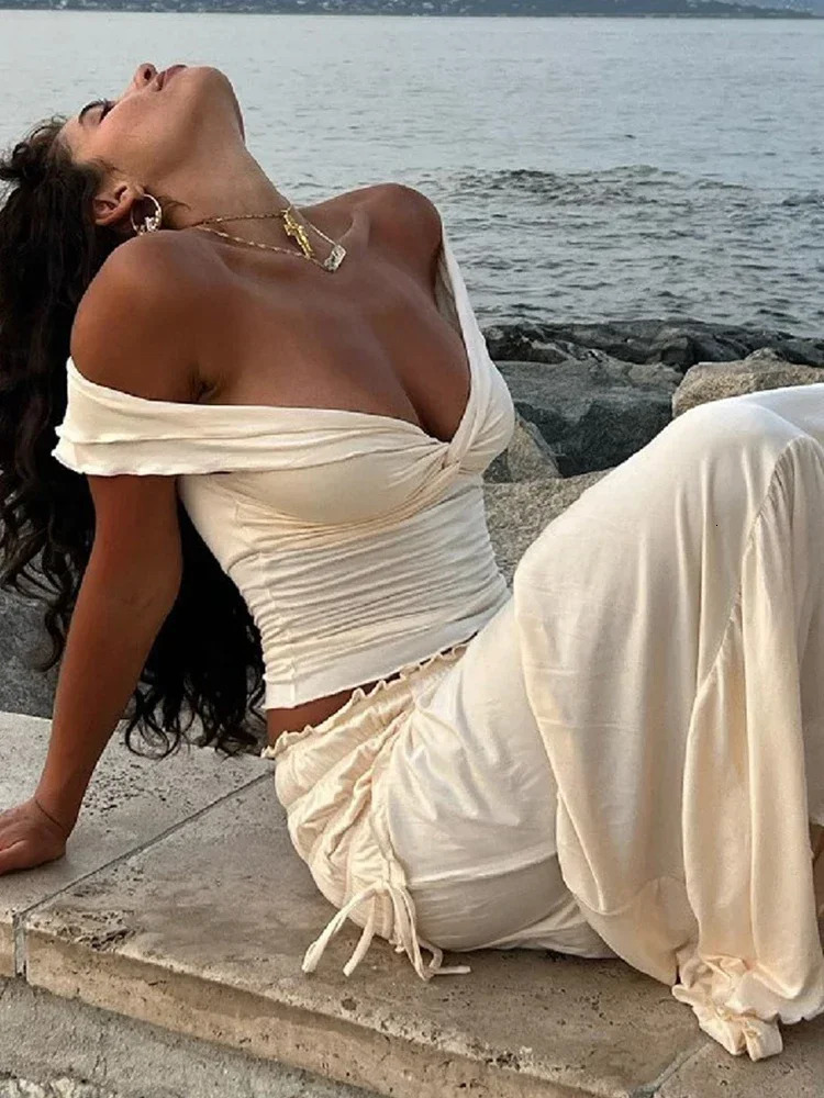 Fashion Solid Folds Long Skirt Sets For Women Summer Sexy Off Shoulder V-neck Cropped Tops High Waist Long Skirts 2 Pieces Sets 250320