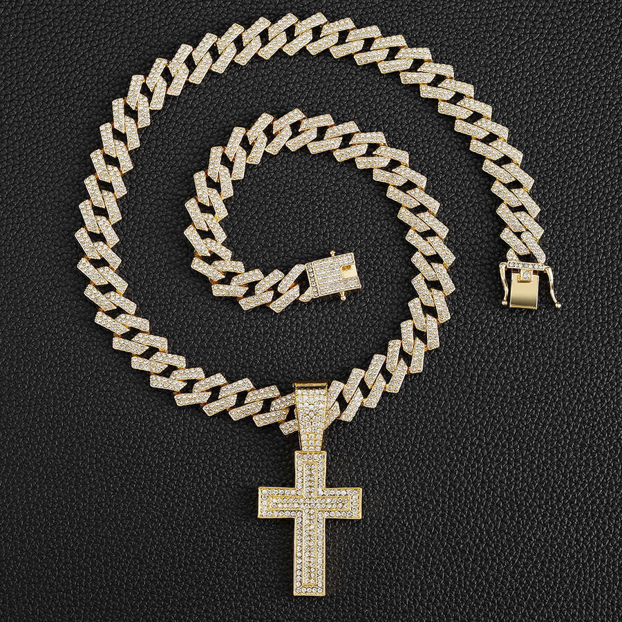 Hip hop hot selg alloy full cross pendant fashion trend rap dia men's Cuban chain necklace jewelry