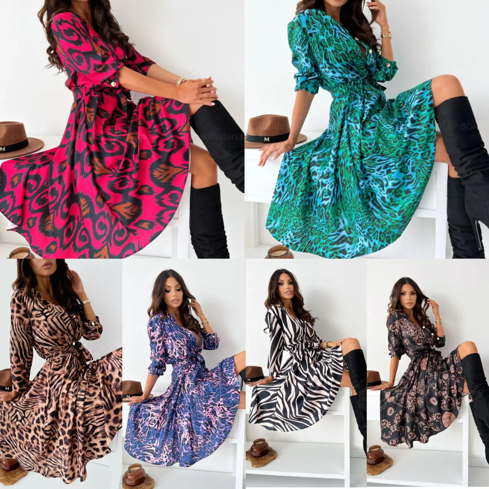 Early Spring European American CrossBorder Long Sleeve VNeck ButtonUp WaistFitted MediumLength WideHanging Dress 250320