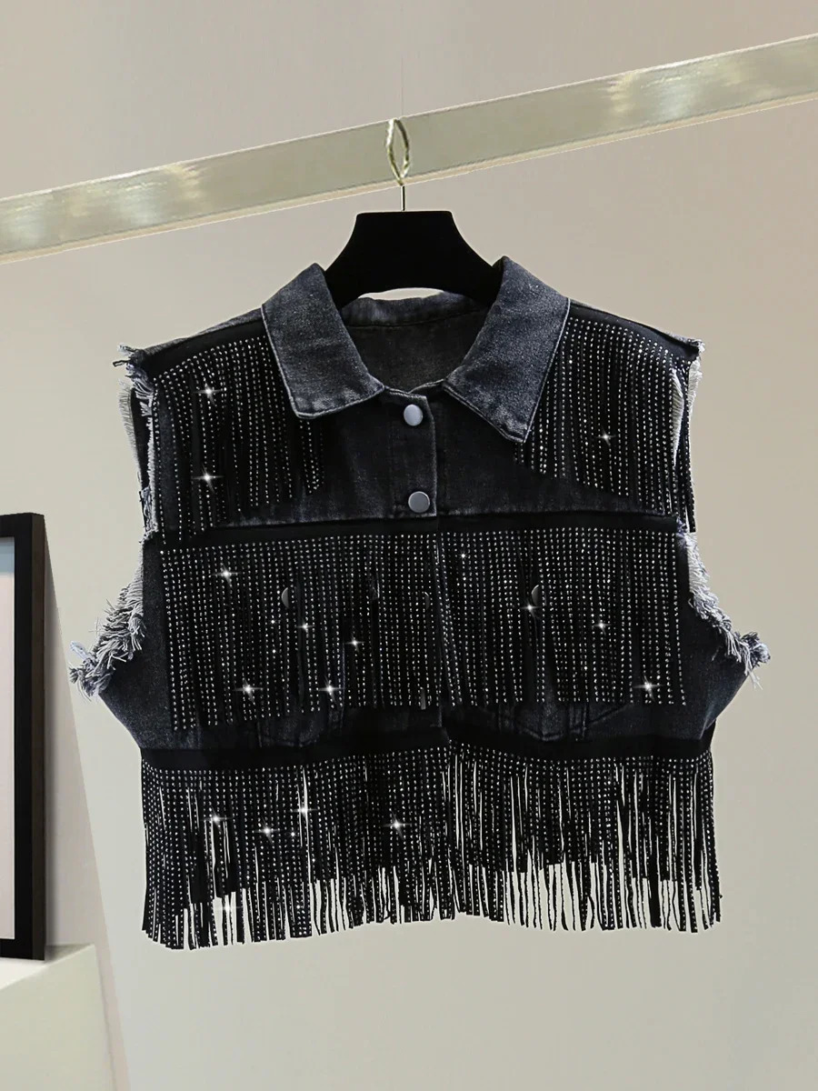 Chic Diamonds Tassels Sleeveless Denim Coat Summer Slim High Waisted Fringed Jeans Jacket Solid Color Casual Vest Crop Tops 250320