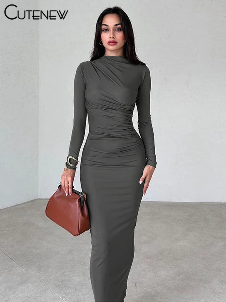 NIBBER Womens Elegant Solid Oneck Patched Work Clothes Maxi Dress Long Sleeve Body Style Robe Evening 250320
