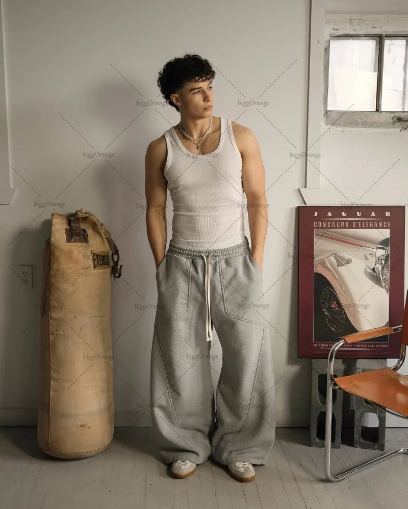 High Street Trendy Streetwear Trousers Retro Embroidery Spliced Wide-leg Sweatpants Men Drawstring Gray Casual Pants Women 250320