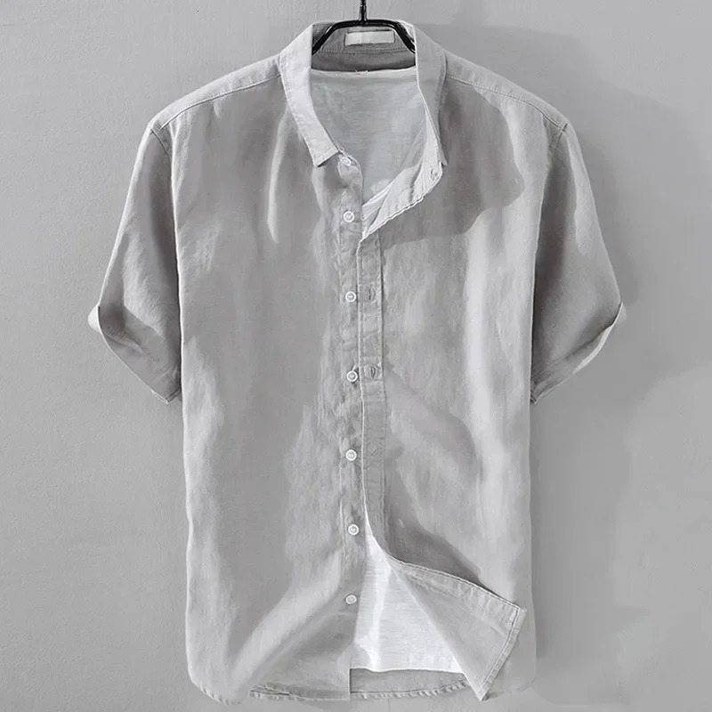 Pure Linen Short Sleeve Shirt For Men Casual Summer Half Sleeve Cotton Linen Fabric White Color Mens Wear Top 250320