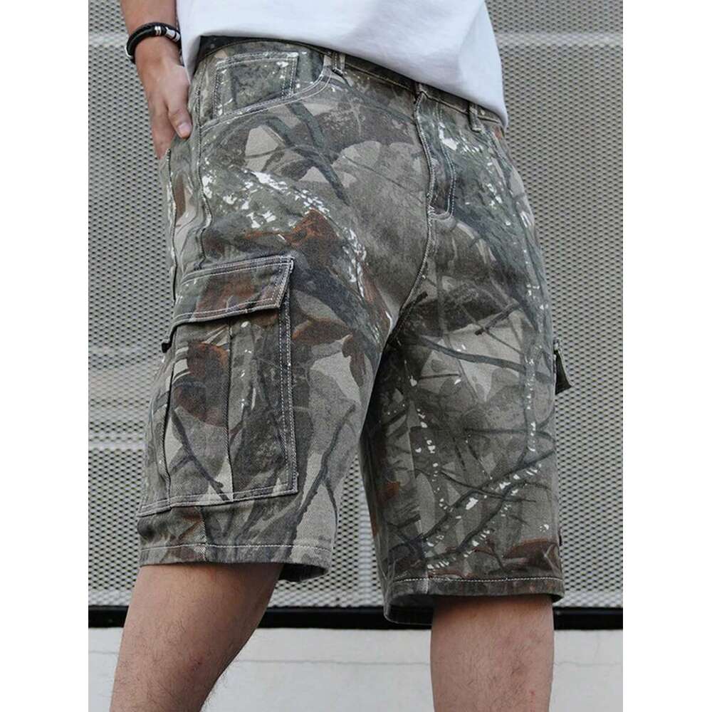 American street branch camouflage print loose casual workwear denim shorts five quarter pants summer