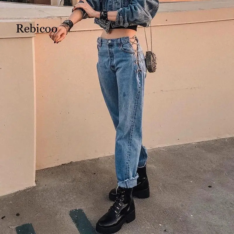 Side cross chain hollow outer wide leg womens jeans high waisted pants sexy and elegant womens punk bottom womens pants loose blue 250320