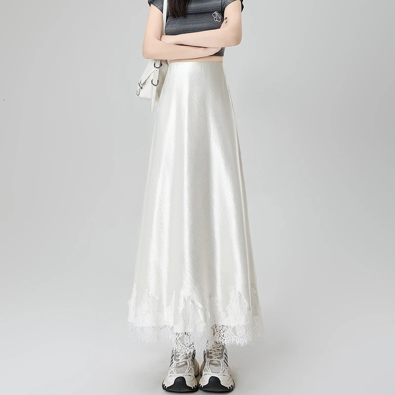 Satin Skirt Women 2025 Spring Arrival High Waist A Line Long Skirt Lace Patchwork Maxi Skirts Women Korean Fashon Slim Skirt 250320