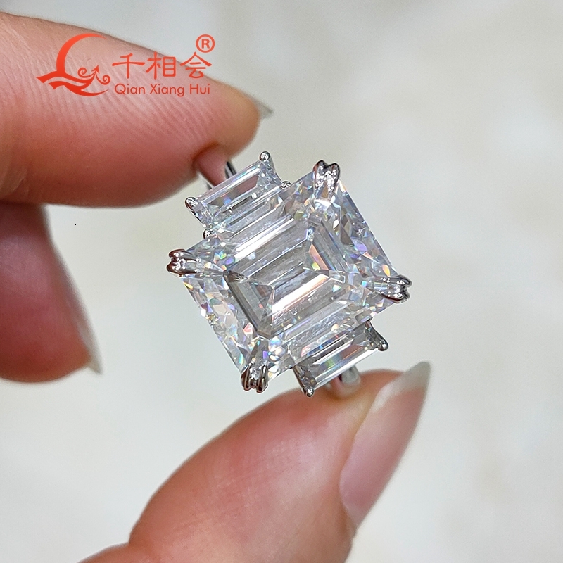 Womens Men 8CT Emerald Cut Moissanite Engagement Ring Three Stones 10x12mm White Diamond Silver 925 Wedding Jewelry