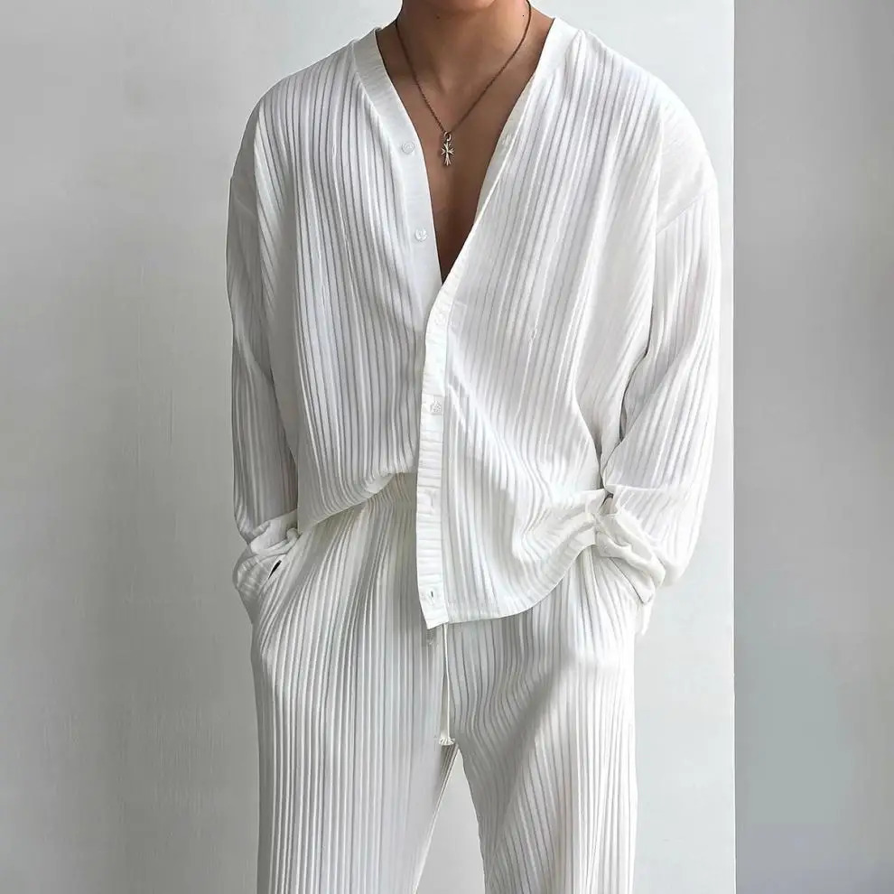 Ultra thin solid color sexy deep V cardigan knitted sweater casual fashion set two-piece set for men 250320