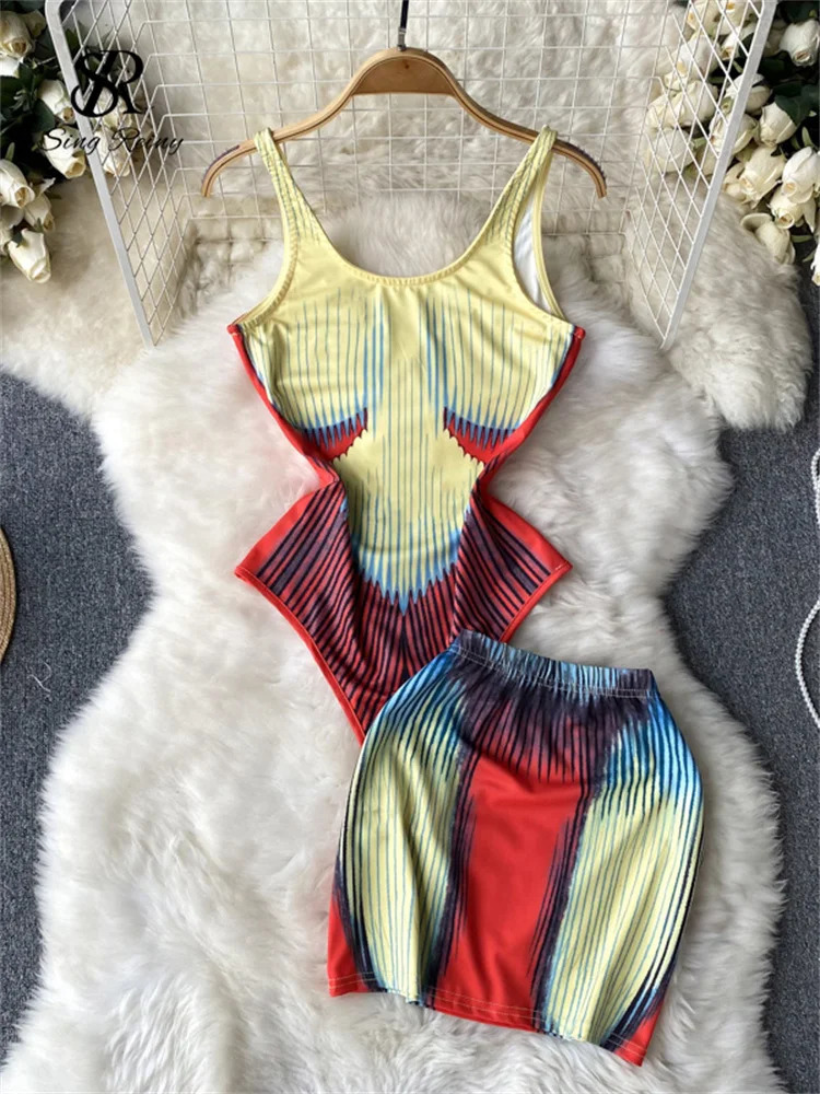 SINGREINY Fashion Print Skirt Suits Women Slim Sleeveless Camis BodysuitsMini Short Skirts Streetwear Summer Playsuit Sets 250320
