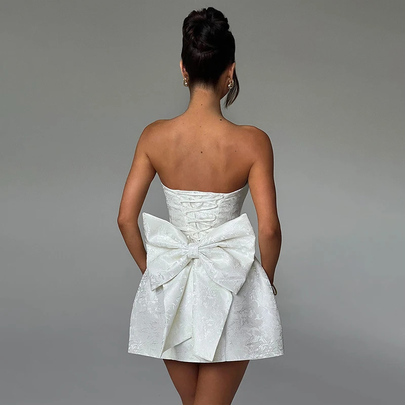 Townlike Jacquard Waist Wrap A-line Dress Women Mini Spring Summer Dress Elegant Bow Backless Sexy Party Dresses 250320