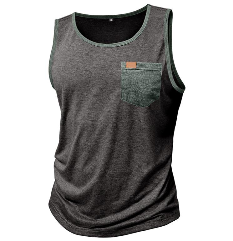 6 Color Summer Sleeveless Shirt Tank Tops T-Shirts Men's Printed Vest Loose Pocket Fitness Sports Top Polyester Dark Grey Green Jogging Tees XXL