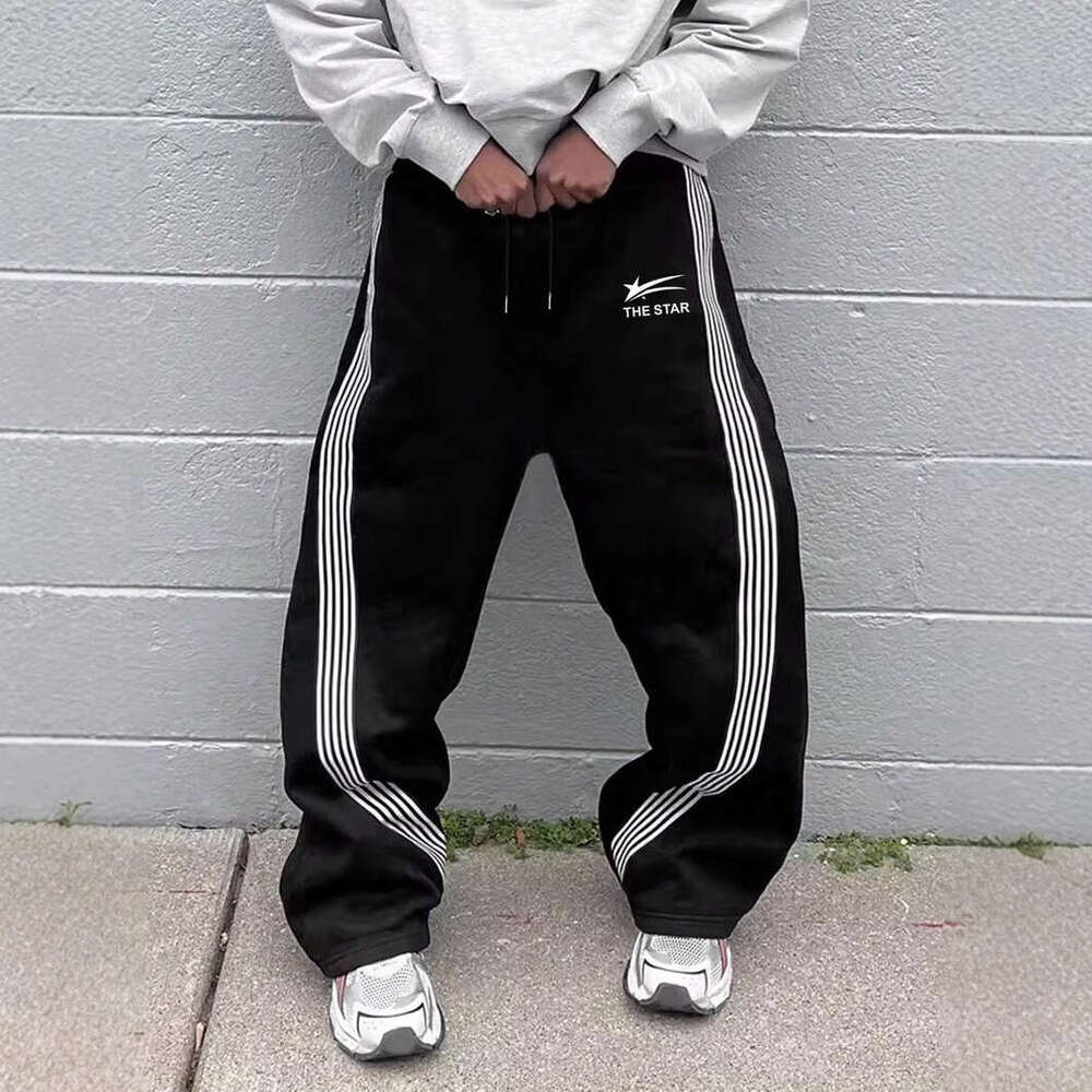 American street printed striped loose straight sports casual pants, sweatpants for men and women