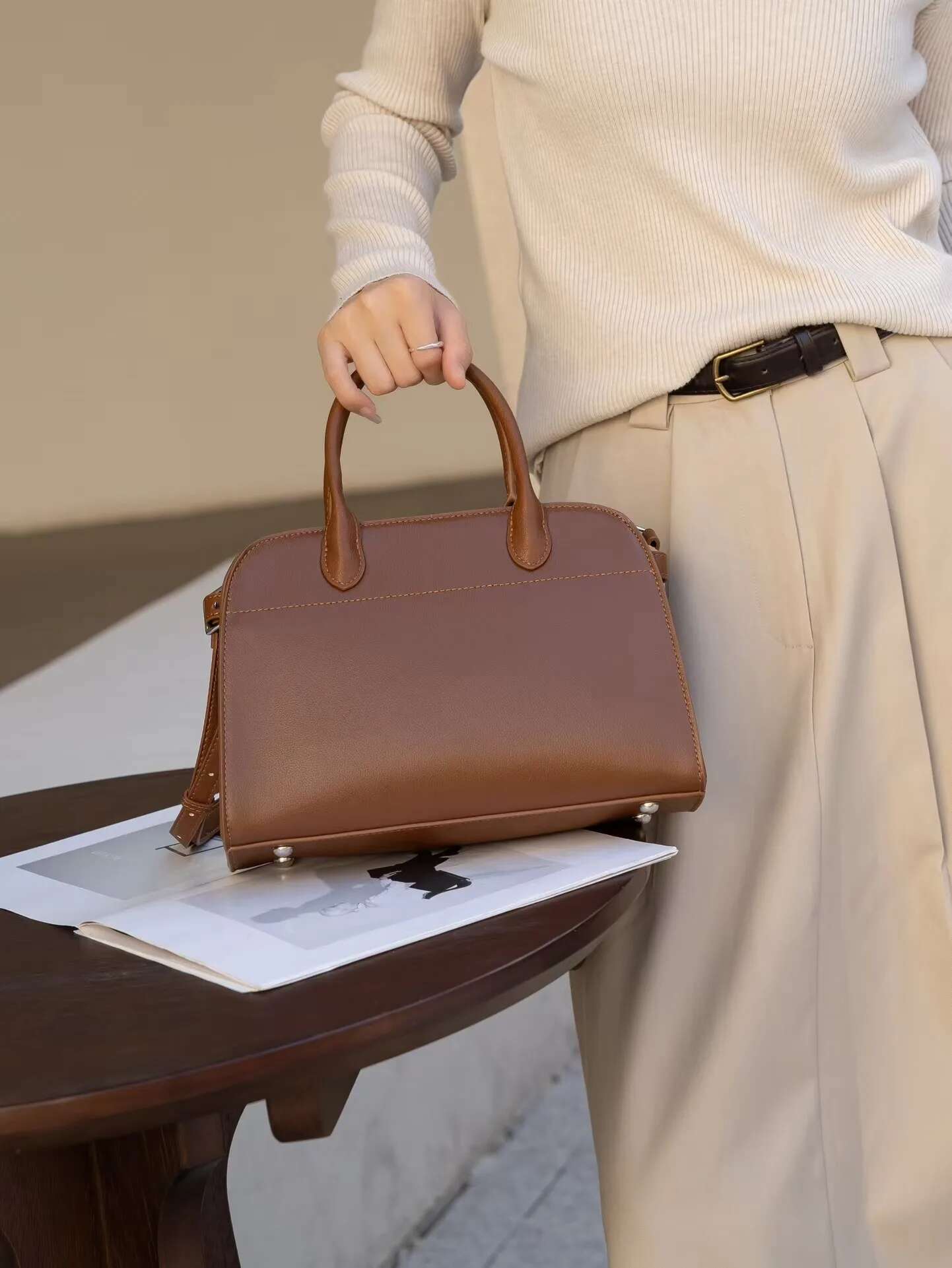 New Stylish Large Capacity Office Lady Commuter Tote Top Layer Vegetable Tanned Cow Leather Female Shoulder Bag Handbag