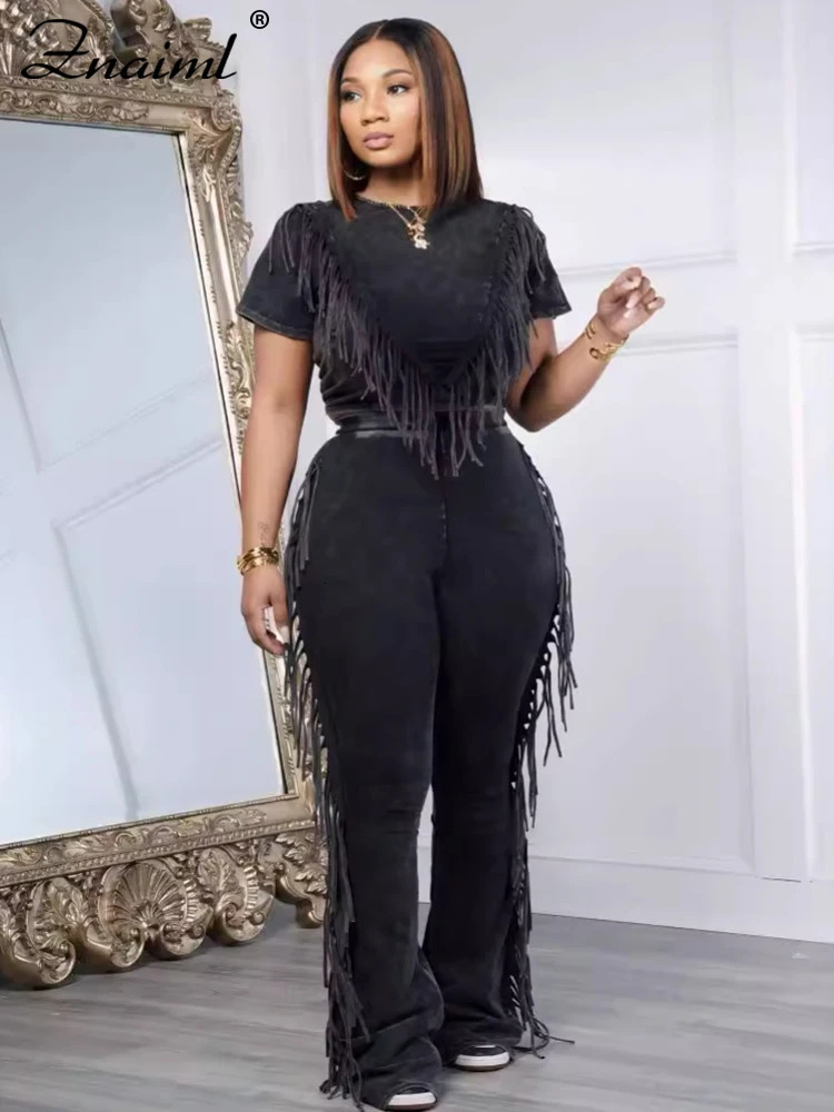 Znaiml Side Fringe Tassel Outfits for Women Wide Leg Flared Pants and Tank Crop Tops Short Sleeve Two 2 Piece Sets Streetwear 250320