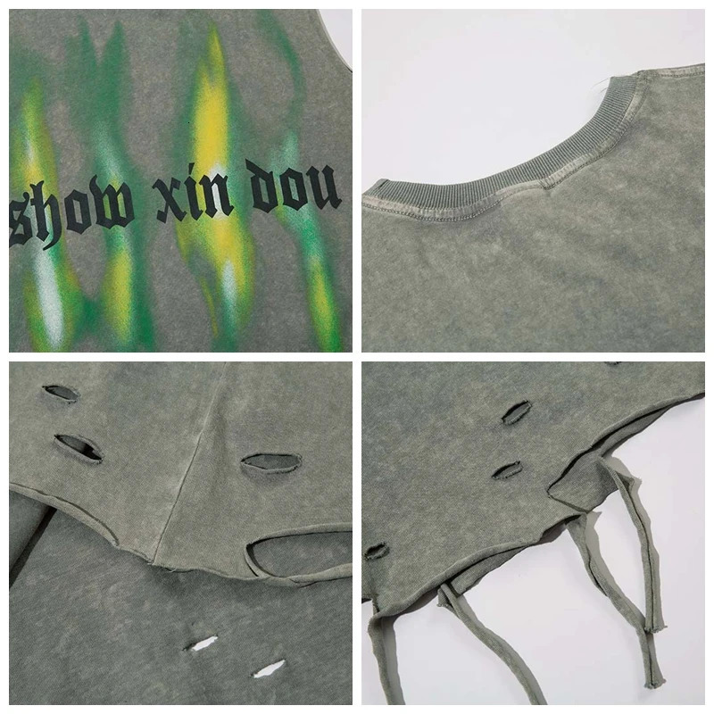 summer vintage necklace wash vest mens streetwear oversized trend hole sleeveless T-shirt womens hip-hop casual vest 250318