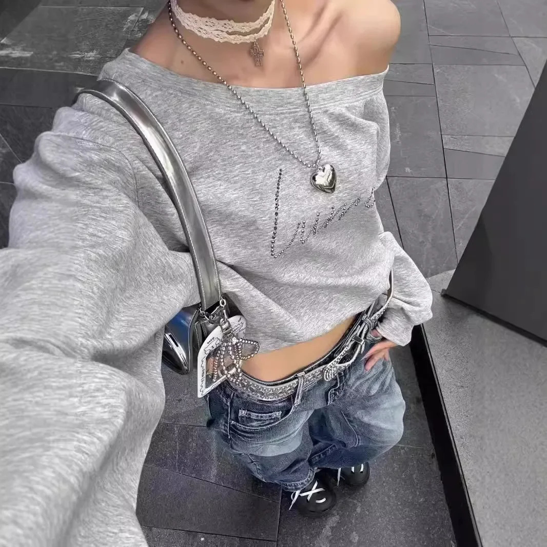 Spicy Girl Lazy Long Sleeve Grey Loose-Fit Sweatshirt Crossbody Off-The-Shoulder American Style Vintage Cropped Top 250320
