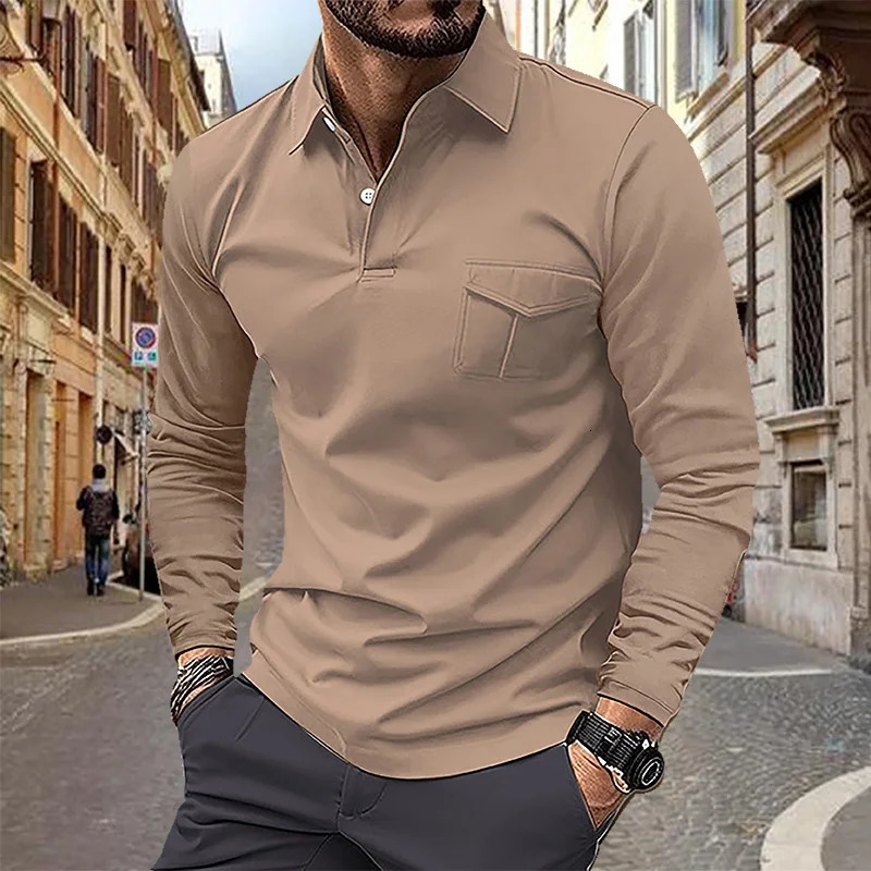 2024 SpringSummer Mens Polo Shirt with Collar Pocket Tshirt Business Casual Long Sleeve European and American Plus Size 250320
