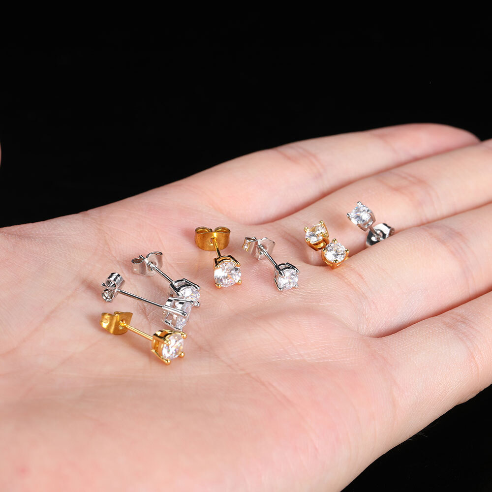 Nuoya Hip Hop Fashion Jewelry 18/K Plated Bling Cubic Zirconia Stud Earrings (Round Princess) Personalized Original Jewelry