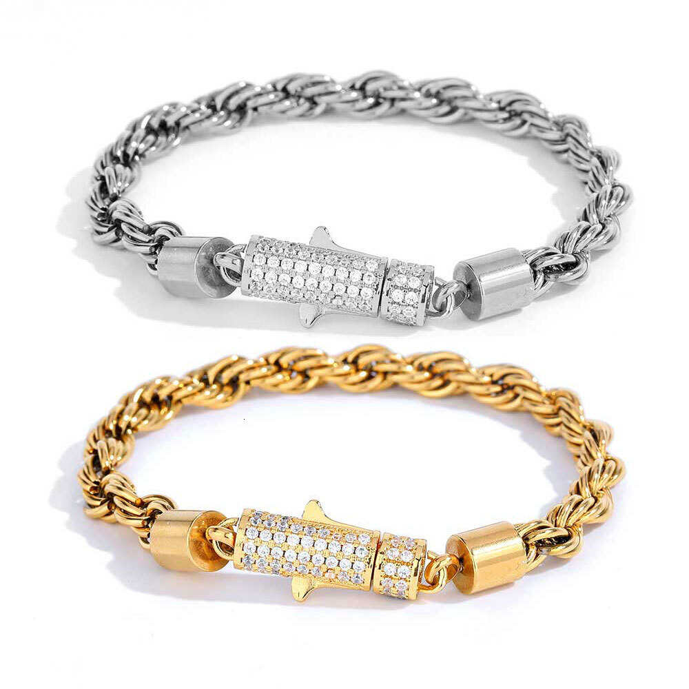 New Style 6mm Iced Out Clasp Rope Chain Stainless Steel 18K Gold Plated Twist Rope Chaain Bracelet Jewelry For Women