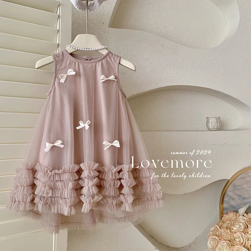 Summer Kids Girl Party Princess Dresses Bow Sweet Sleeveless Infant Baby Girls Tulle Dress Gauze Dresses for Girls 2 To 8 R250424