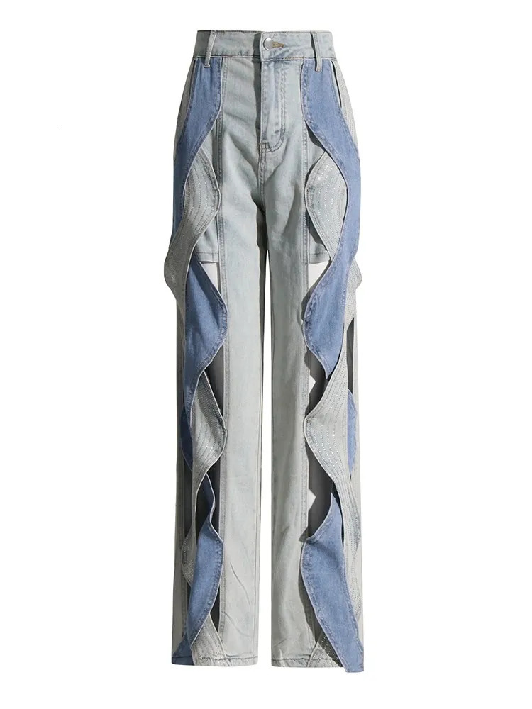VGH Crisscross Hit Color Street Denim Trouser Womens High Waist Patch Work Bag Hollow Split Pants Womens 250314