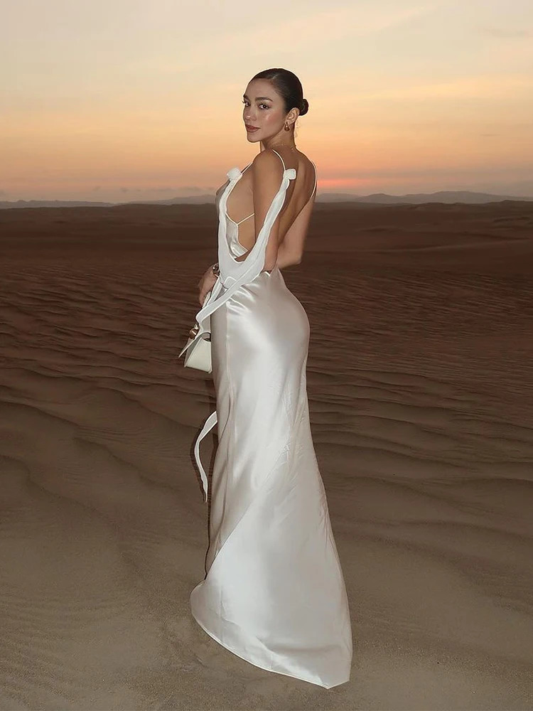 Sexy Lady Solid Color Satin Strap Backless Long Dress Elegant Lace Up Sleeveless Maxi Dresses Woman Evening Party Robe 250320