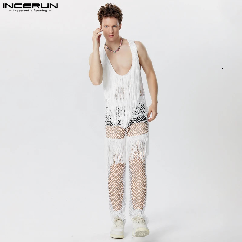 INCERUN mens mesh fringe patch hollow transparent sleeveless vest and pants 2PCS streetwear mens set S-5XL 250318