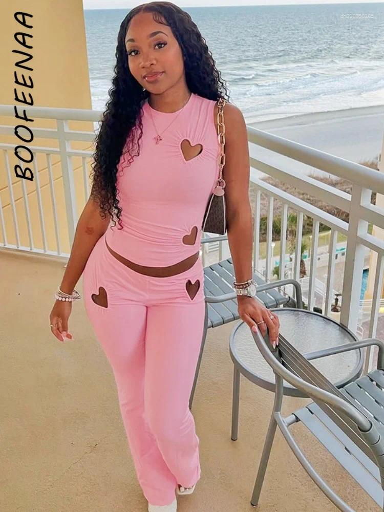 Women's Two Piece Pants BOOFEENAA Hollow Love Sleeveless Set Pink Summer Outfit Trending Woman Clothes Matching Sets C85-DE30