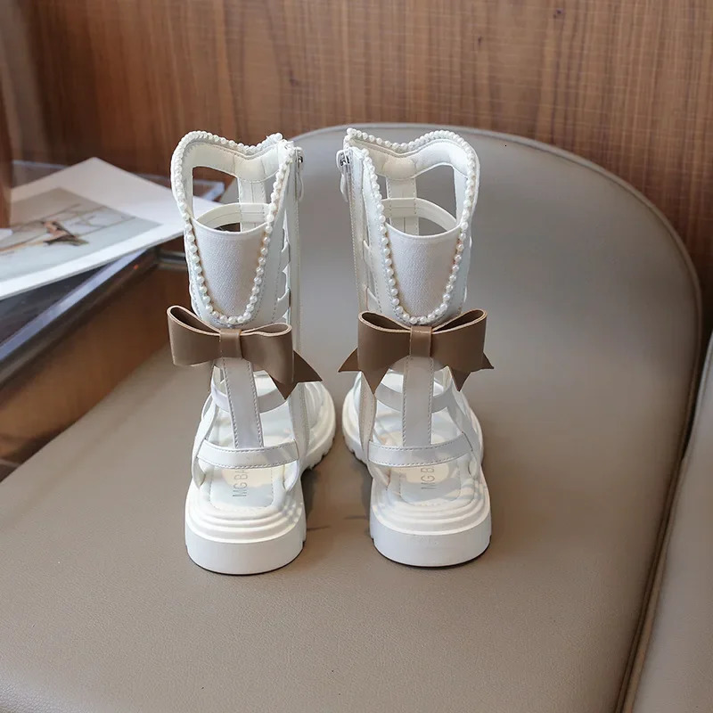 Girl Long Roman Boots Children Hightop Leatehr Sandals Summer Fashion Kids Pearls Gladiator with Bowtie Princess H06256 250304