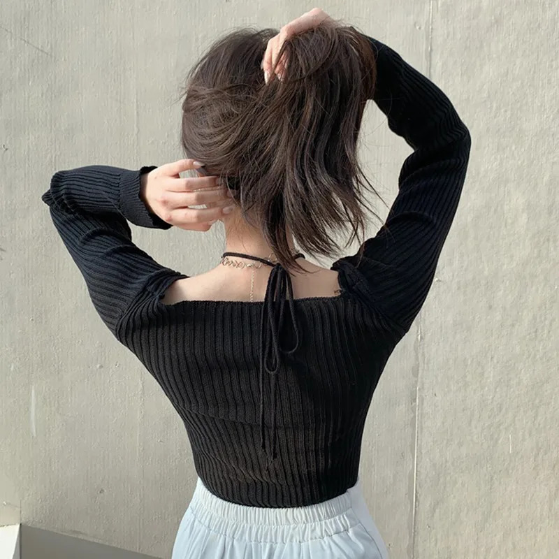 Spring And Autumn Long Sleeved Solid Color Slimming V-Neck Hanging Neck Tops Womens Off Shoulder Knitted Sweaters 250319